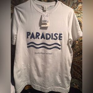 H&M White Cotton ‘PARADISE' Graphic Tee with Blue Glitter Design oversized XS